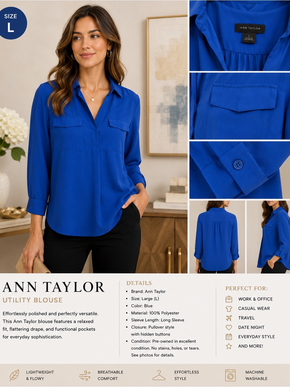 Ann Taylor Royal Blue Utility Blouse